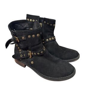 Ugg Women Biker Studded Buckle Black Suade leather Boots Size 7.5